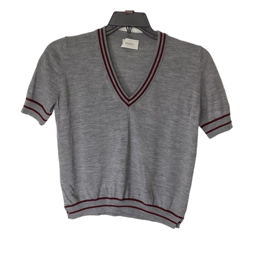 Vicolo Women’s Vintage Gray Vneck Academia Short Sleeve Medium Large Pullover